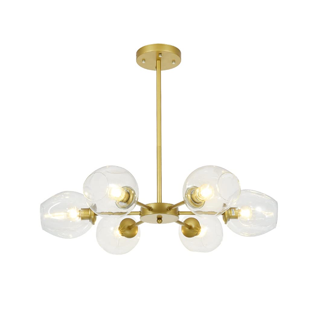 Lustre moderne à 6 lumières en verre doré et transparent pour salon