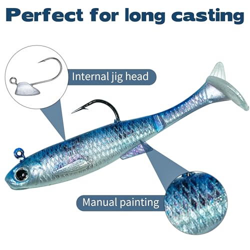 JORMIX 6Pcs Swim Baits for Bass Fishing,Easy Catching Lures Soft Plastic Walleye Fishing Lures,Fishing Gear for Bass Trout Crappie,Paddle Tail Swimbaits Fishing Soft Plastic Lure Kit Blue White - image 2
