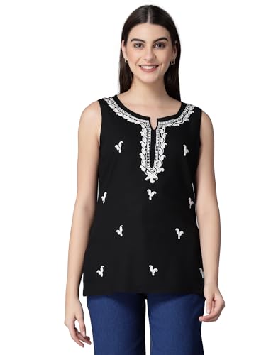 Image of QAZMI Women's Laiba Kashmiri Embriodered Sleeveless Short Kurti
