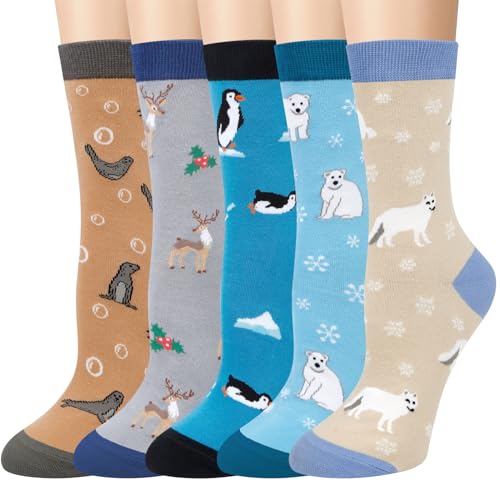5 Paia Calzini da Donna con Simpatici Gatti e Cani Calzini Animali Divertenti Calzini Regalo per Donne in Cotone Taglia Unica(A7-Tema Polare)