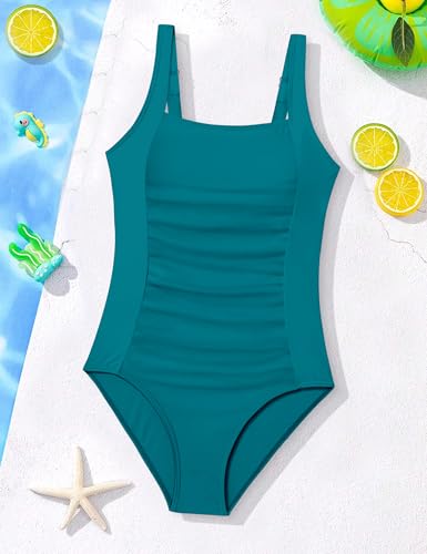 Image of BAVEDER Girls Swimsuit One Piece Swimsuits Solid Ruched Bathing Suit for Girls Full Coverage Modest Padded Swimwear 9-18y