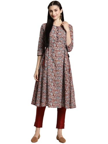 Image of rangita Women's Cotton Relaxed Fit Flared Calf Length Printed Kurti | Kurta