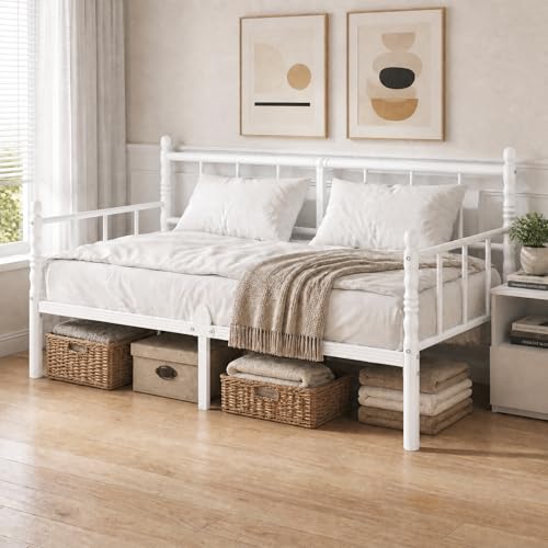 Apextella Home 3ft Metal Day Bed Frame with Headboard and Slatted Single Bed Frame with Mattress Slide Stopper Underbed Storage Space and Easy Assembly Daybed for Bedroom Living Room Guest Room White