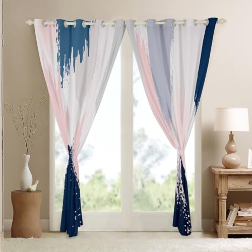 Feelyou Pink Navy Blue Graffiti Curtain Bedroom Living Room Abstract Geometric Blackout Curtain Modern Abstract Art Painting Darkening Drapes Artistic Smear Window Treatments (2 Panels, 42 x 90 Inch) - Image 4