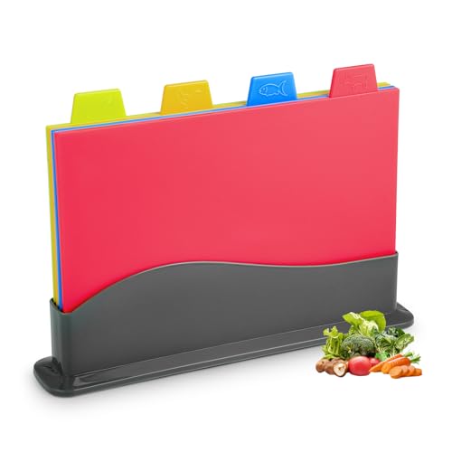 4 Stück Schneidebrett Kunststoff Set – Schneidebrett Set – Schneidebretter mit Ablageständer– Spülmaschinenfest und BPA-frei – Umkehrbare Kunststoff – 30×23.5cm
