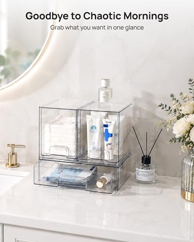 Image of Vtopmart Stackable Storage Drawers Set of 3, Clear Plastic Organizer Bins for Bathroom Supplies, Ideal for Cabinet,Shelf, Pantry, Laundry Room Organization