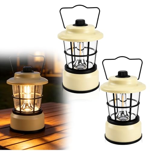 Lot de 2 lampes de camping LED rétro - Lanterne de camping à piles - Lampe de camping portable - Lanterne de camping à intensité variable - Pour camping,...