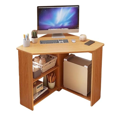 Scrivania angolare salvaspazio a 90° triangolare per casa e ufficio, con spazio per piccoli spazi, scrivania per camera da letto, elegante finitura gialla (77 cm)