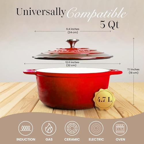 Image of Cast Iron Pot with Lid - Non-Stick Ovenproof Enamelled Casserole Pot, Oven Safe up to 500 F-Sturdy Dutch Oven Cookware-Red, 5-Quart, 24cm-by Nuovva