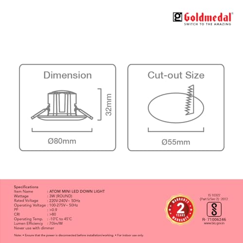 Image of Goldmedal Atom Mini 3W LED Downlight with Junction Box for Home & Cabinet | Recessed Surface Downlight for False Ceiling |120 Beam Angle|Cut-Out Size: O2.25 Inch |Cool Daylight (6500K)-Pack of 4