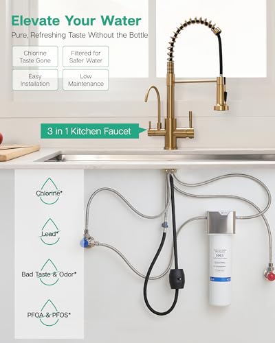 Image of GIMILI 3 in 1 Kitchen Faucet with Pull Down Sprayer Brushed Gold Two Handle Kitchen Sink Faucet with Under Sink Water Filter System Reduces PFAS, PFOA /PFOS, Lead, Chlorine, Bad Taste & Odor