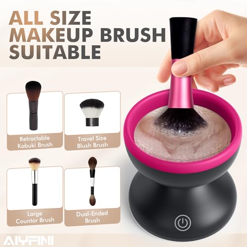 Alyfini Electric Makeup Brush Cleaner Machine, Powerful Friction Removes Residue on Make up Brushes Set/Sponge/Powder Puffs, Efficient Cleaning, Portable Spinning Washer, Save Cleanser & Shampoo