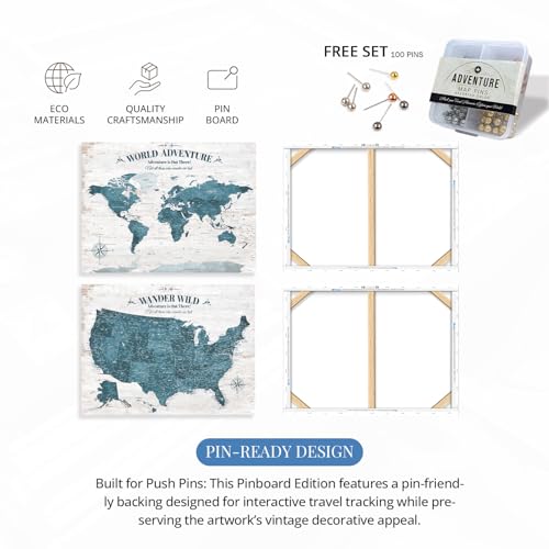 Image of IPIC - Antique Blue World Map & USA Map Canvas Wall Art Set of 2, Travel Wall Decor with Pins Included, Ready to Hang for Office or Living Room, 40x30 Inch