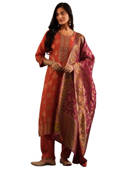 Image of Libas Woven Design Silk Blend Straight Kurta with Trouser and Dupatta
