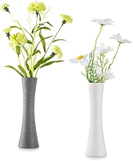 Sziqiqi Small Bud Vases for Flowers Set of 2 - Decorative Ceramic Vases for Living Room White Grey Slim Vase Narrow Vase Single Rose Flower Vase for Dinning Room Bedroom Table Centerpiece Decoration