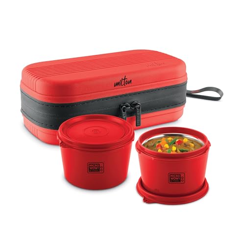 MILTON Town Case Microwavable Lunch Box | Inner Steel, Double Wall, Leak-Proof Design | Compact & Durable Lunch Box for Office use, College, School, (2 x 450 ml), Red