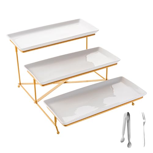 Top G 3 Tier Serving Tray with Stand,Cake Stands Porcelain Tiered Serving Platters Dishes with Collapsible Sturdier Rack, Dessert Display Stand for Party Entertaining, Food Presentation, Gold,14inch