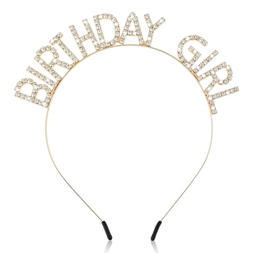 Jeffdad Birthday Crowns Girl Headband Happy Birthday Girl Sash Bling Rhinestone Hair Band Princess Queen Sweet Tiara for Women Girl Birthday Party Christmas Decorations(Gold)