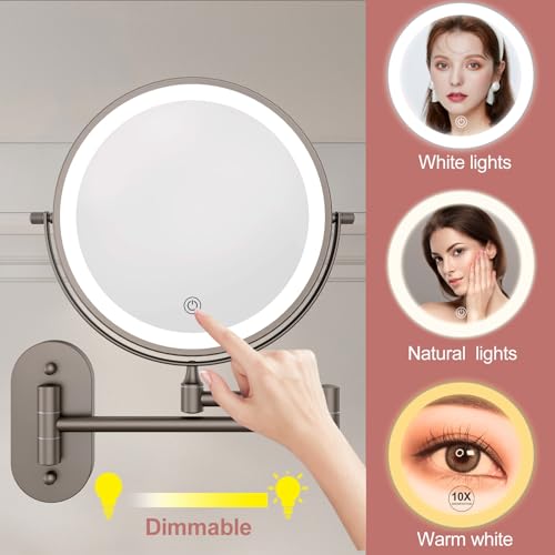 FUNTOUCH Wiederaufladbar Kosmetikspiegel mit 1X/ 10X Vergrößerung, Dimmbarer Rasierspiegel 3 Farben, Touchscreen LED Schminkspiegel, 360° Drehbar, Wandspiegel für Badezimmer und Hotel 3