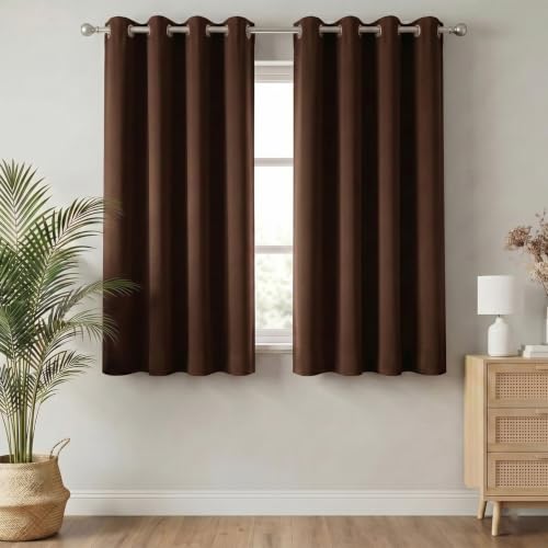 Image of 100% Blackout Window Curtains, 5 Feet, Solid Design, Faux Silk, Thermal Insulated, Noise Reducing Eyelet Door Curtain with Tie Back for Living Room & Bedroom, 115x150cm, Pack of 1 - Coffee