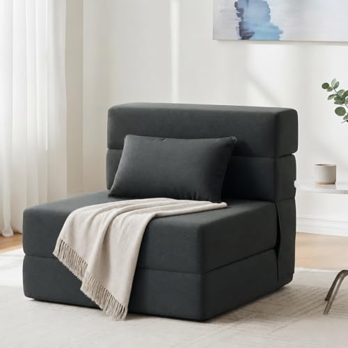 FILUXE Folding Sofa Bed | Convertible Sleeper Chair Bed for Adults, Fold Out Chair to Bed Linen Futon Chair with Pillow, for Home Dorm Apartment RV Living Room, Single Size Dark Gray