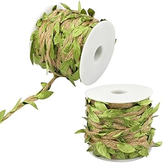 aupawdy Artificial Vine Fake Foliage Leaf Plant Garland Natural Jute Twine with Green Leaves Leaf Ribbon Burlap Leaf Ribbon for Crafts Woven Garlands Home and Wedding Decorations 20m 2 Roll (Green)