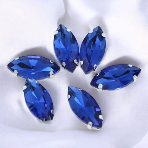 30Pcs 4X8Mm Navette Sewing Strass Glass Stone Flatback Sew On Crystal Rhinestone Montee Silver Claw Button For Clothes Decoration - (Color: Sapphire)