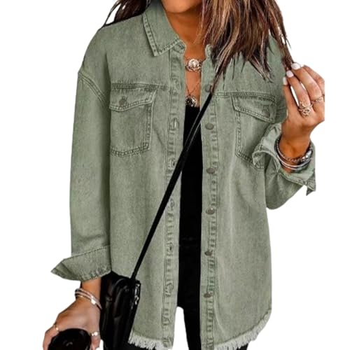 Women's Oversized Denim Jacket,Oversized Button Up Frayed Hem Shacket Long Sleeve Pockets Denim Jean Jacket