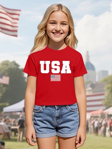 Image of VVNTY Girls American Flag Crop Tops Kids USA Crop Shirt Patriotic 4th of July Tops 5-14 Years