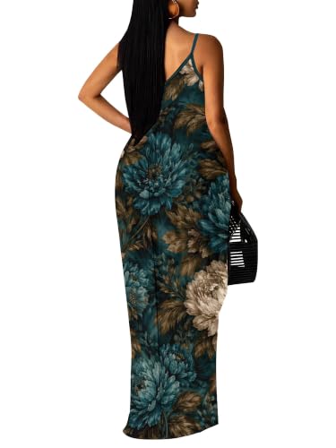 Image of Women's Summer Maxi Dress Spaghetti Strap Floral Boho Beach Long Sundress with Pockets