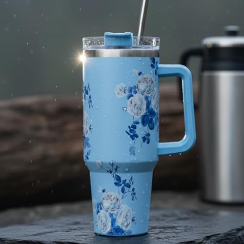 Image of Silver Shark Insulated Tumbler with Straw and Handle |Color Blue Flower| 1200 ML