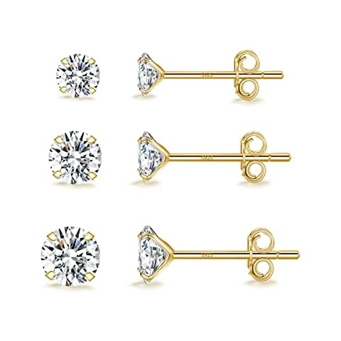 SAKUNALA 925 Sterling Silver Stud Earrings for Women Girls, 3 Pairs Gold Sleeper Stud Earrings, Small Cubic Zirconia Stud Earrings, Tiny Diamond Earrings Set for Multiple Piercings, Size: 3, 4, 5mm Cover