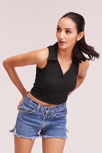 Image of BERRY BIRD Stylish Sleeveless V-Neck Slim Fit Collar Ribbed Knit Tank Crop Tops for Women & Girls Beach and Gym Wear and Western Trendy Fashion