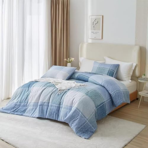 Image of LifeTB Blue Checkered Comforter King Comforter Set Geometric Checkered Plaid Bedding Comforter for Men Boys Fluffy Soft Lightweight Bedding Boho Plaid Comforter Set for All Seasons King Size