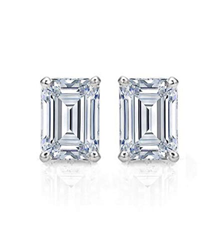 2.20 Ct Emerald Cut Conflict-Free Vvs1 Ideal Gemstone April Birthstone Designer Simulated Diamond Solitaire Stud Earrings In Solid 14K White Gold Screw Back #TOP1