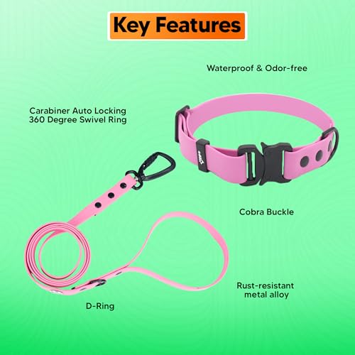 Image of Adil'S Waterproof Leash and Collar Combo Set - Adjustable & Breathable Biothane Collar with Leash Suitable for Medium & Large Size Dogs (Lease 5Ft), NEON Pink, L