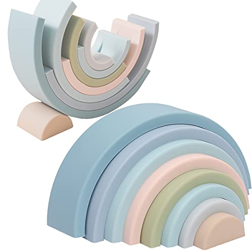 Image of let's make Silicone Stacking Toy 8 Pcs Rainbow Stacker Building Block Set Semicircular Arch Stacking Game Early Education Toy for Babies 3 Years