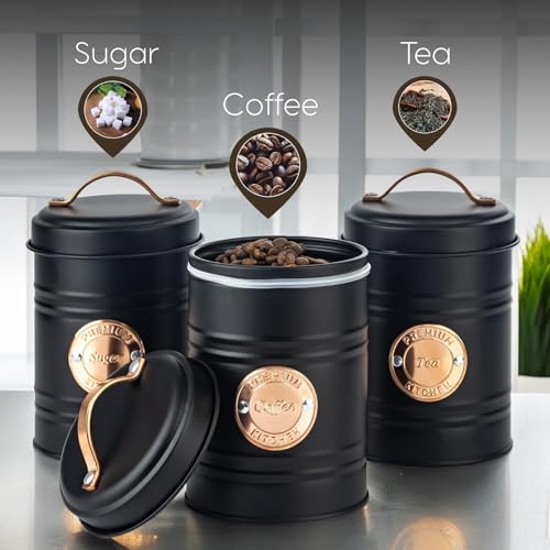 LENAK Tea Coffee Sugar Storage Canister Set - Labeled Containers for Tea Coffee Sugar Tins Jar Sets for Kitchen Accessories & Essentials (Black/Copper, 3 Pieces) - Image 2