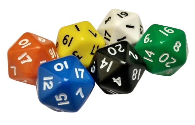 20-Sided Gaming Dice Set, 6 Pieces, Assorted Colours