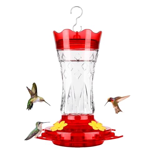 BOLITE Glass Hummingbird Feeders for Outdoors Hanging, Built-in Ant Moat, 4 Bee Guard Feeding Ports with Perches, Leak Proof, 15 Ounces, Stars Decor, Red, Gifts for Women Men, Gifts for Mom Dad