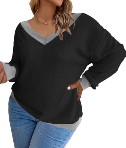 Plus-Size-Sweaters for Women Long Sleeve Waffle Knit V Neck Pullover Tops 1X-5X3