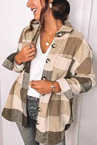 Prettygarden Women's 2023 Fall Clothes Plaid Shacket Jacket Long Sleeve Button Down Flannel Shirts Fashion Blouse(Khaki,X-Large) #TOP4