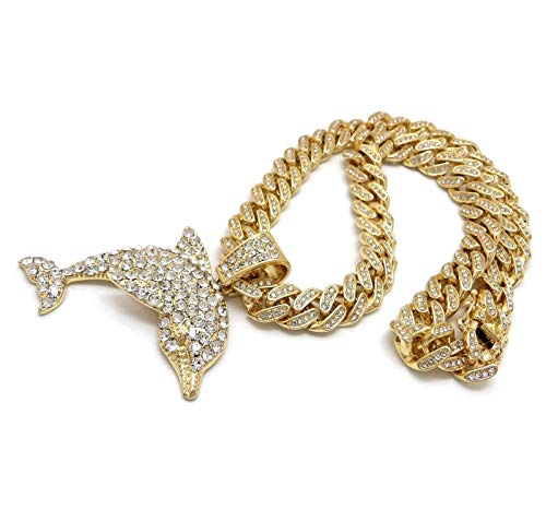 Hip Hop Jewelry Gold Plated Dolphin Pendant & 12mm 18" Full Iced Cuban Choker Chain Box Lock Necklace4