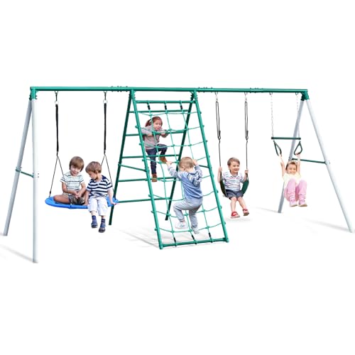 Hapfan 600lbs Swing Sets for Backyard, 5 in 1 Outdoor Playset with Saucer Swing, Trapeze Monkey Bar, Belt Swing, Climbing Rope, Climbing Ladder