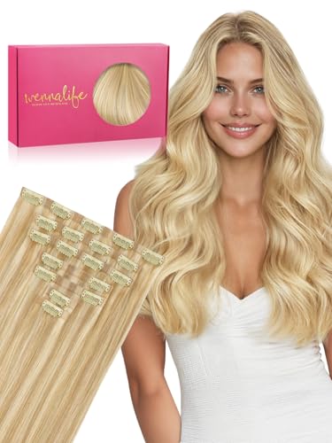 WENNALIFE Seamless Clip in Hair Extensions Real Human Hair, 18 Inch 110g Light Blonde Highlighted Golden Blonde Invisible PU Skin Weft, Natural Thick Real Hair Clip Ins for Women