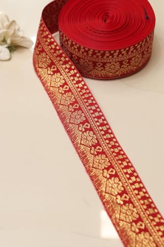 Image of Banarasi Silk Border Lace for Saree, Dupatta, Lehenga, Suit, Blouse & Home Furnishing, Crafting DIY (Scarlet Gold, 9 Meters x 2 Inch)