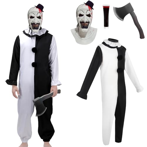 Forfamy Disfraz de Terrifier para Adulto, Mascara Terrifier Disfraz de Halloween Cosplay Traje Blanco y Negro Mono para Hombre Mujer Accesorios