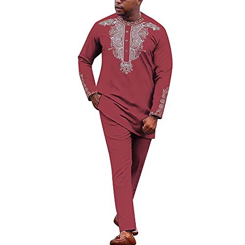 HD Men's Embroidery African 2 Pieces Outfit Traditional Dashiki Top and Pants Red Wedding Suit 2XL