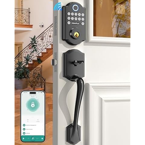 Smart WiFi Door Lock Set: HEANTLE Keyless Entry Front Door Lock Fingerprint Electronic Digital Keypad Deadbolt with Handles Set App Remote Control Alexa Voice Auto Lock Cover