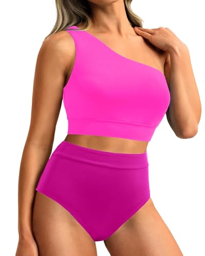 Image of Holipick Women One Shoulder High Waisted Bikini Sets Two Piece Swimsuit Tummy Control Bathing Suit Full Coverage Swimwear